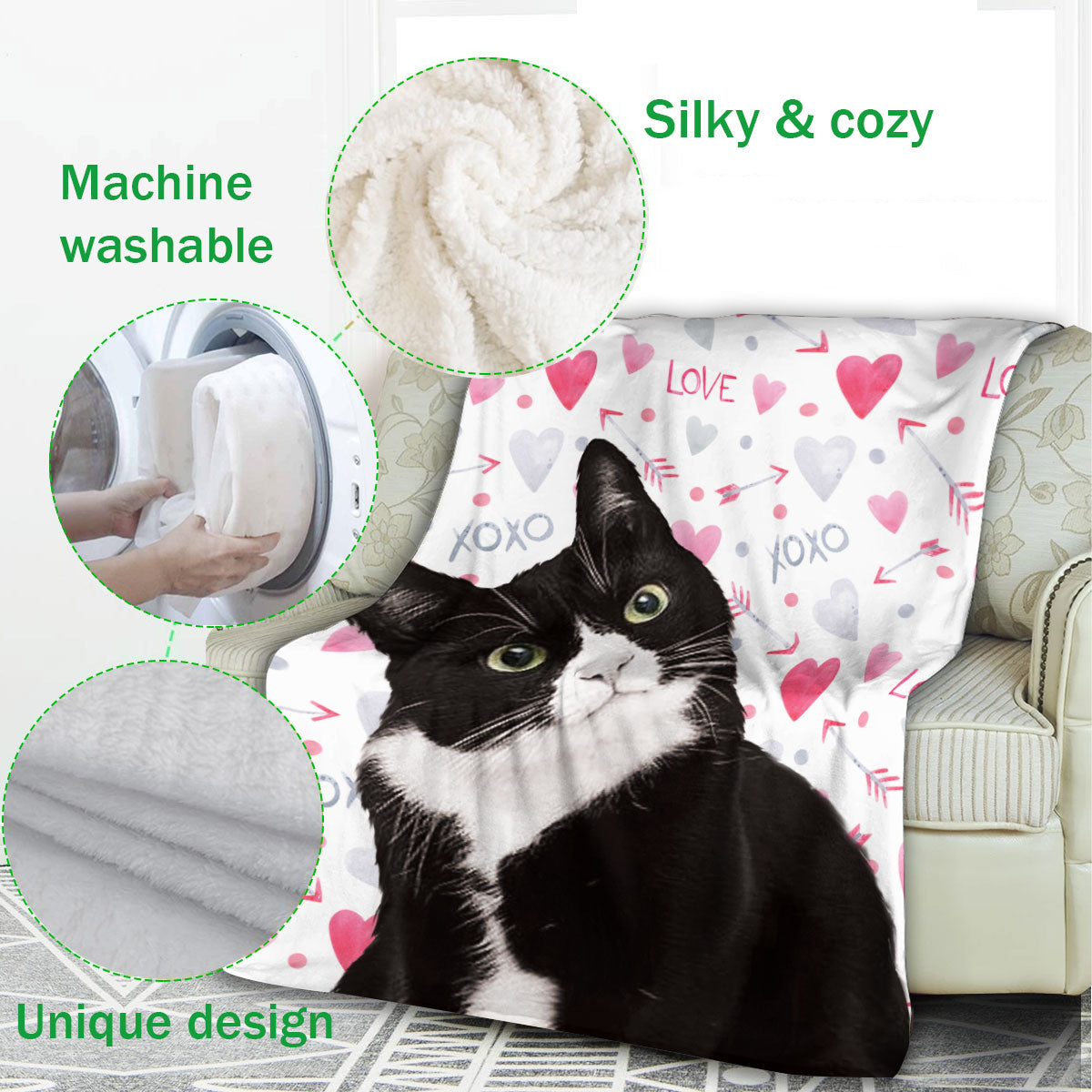 Ohaprints-Fleece-Sherpa-Blanket-Tuxedo-Black-And-White-Bicolor-Cat-Soft-Throw-Blanket-596-Fleece Blanket