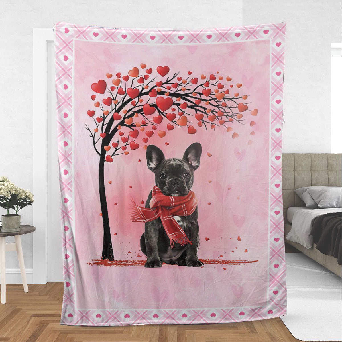 Ohaprints-Fleece-Sherpa-Blanket-Black-Frenchie-French-Bulldog-With-Heart-Tree-Soft-Throw-Blanket-611-Sherpa Blanket