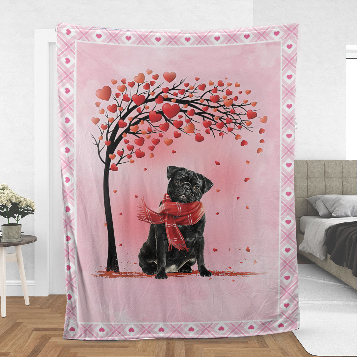 Ohaprints-Fleece-Sherpa-Blanket-Black-Pug-Dog-With-Heart-Tree-Pattern-Pet-Lover-Soft-Throw-Blanket-557-Sherpa Blanket