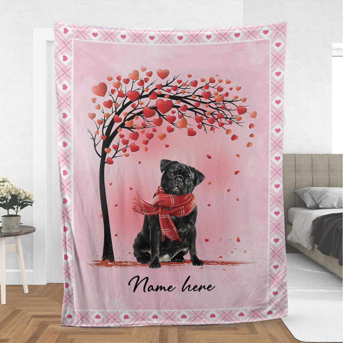 Ohaprints-Fleece-Sherpa-Blanket-Black-Pug-Dog-With-Heart-Custom-Personalized-Name-Soft-Throw-Blanket-902-Sherpa Blanket