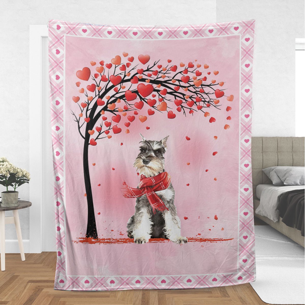 Ohaprints-Fleece-Sherpa-Blanket-Miniature-Schnauzer-Dog-With-Heart-Tree-Pattern-Soft-Throw-Blanket-569-Sherpa Blanket