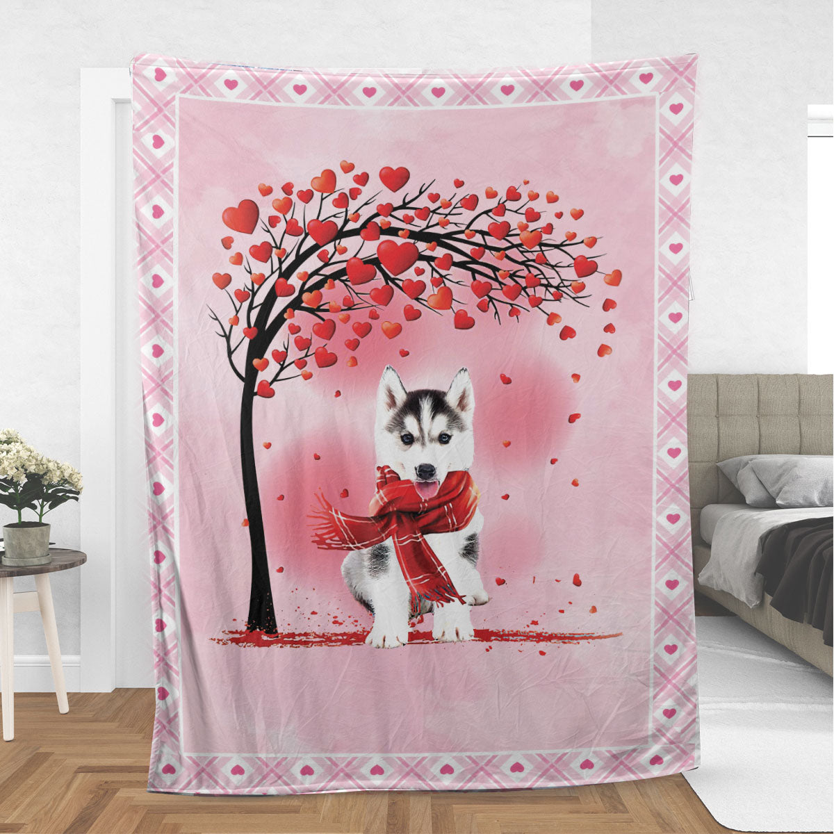 Ohaprints-Fleece-Sherpa-Blanket-Husky-Sibir-Dog-With-Heart-Tree-Pattern-Animal-Soft-Throw-Blanket-915-Sherpa Blanket