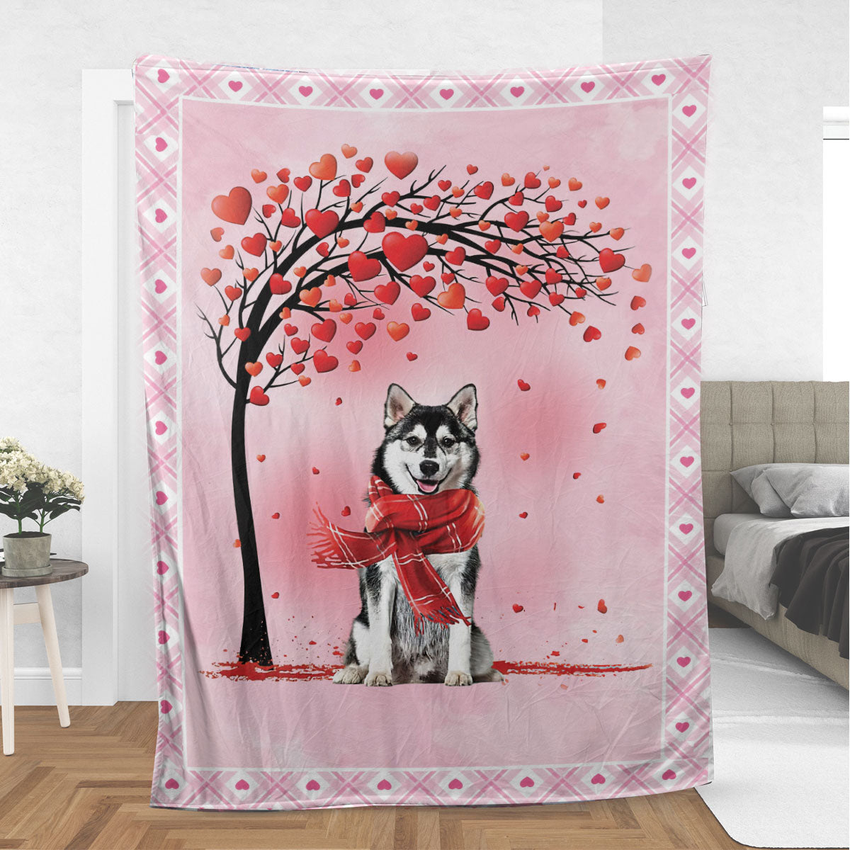 Ohaprints-Fleece-Sherpa-Blanket-Husky-Sibir-Dog-With-Heart-Tree-Pattern-Soft-Throw-Blanket-917-Sherpa Blanket