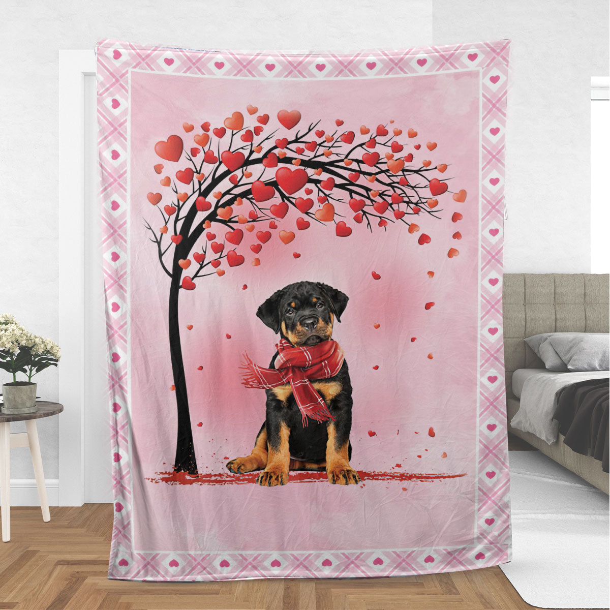 Ohaprints-Fleece-Sherpa-Blanket-Rottweiler-Dog-With-Heart-Tree-Pattern-Soft-Throw-Blanket-435-Sherpa Blanket