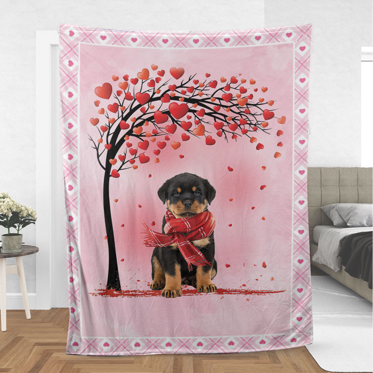 Ohaprints-Fleece-Sherpa-Blanket-Rottweiler-Dog-With-Heart-Tree-Patterns-Soft-Throw-Blanket-922-Sherpa Blanket