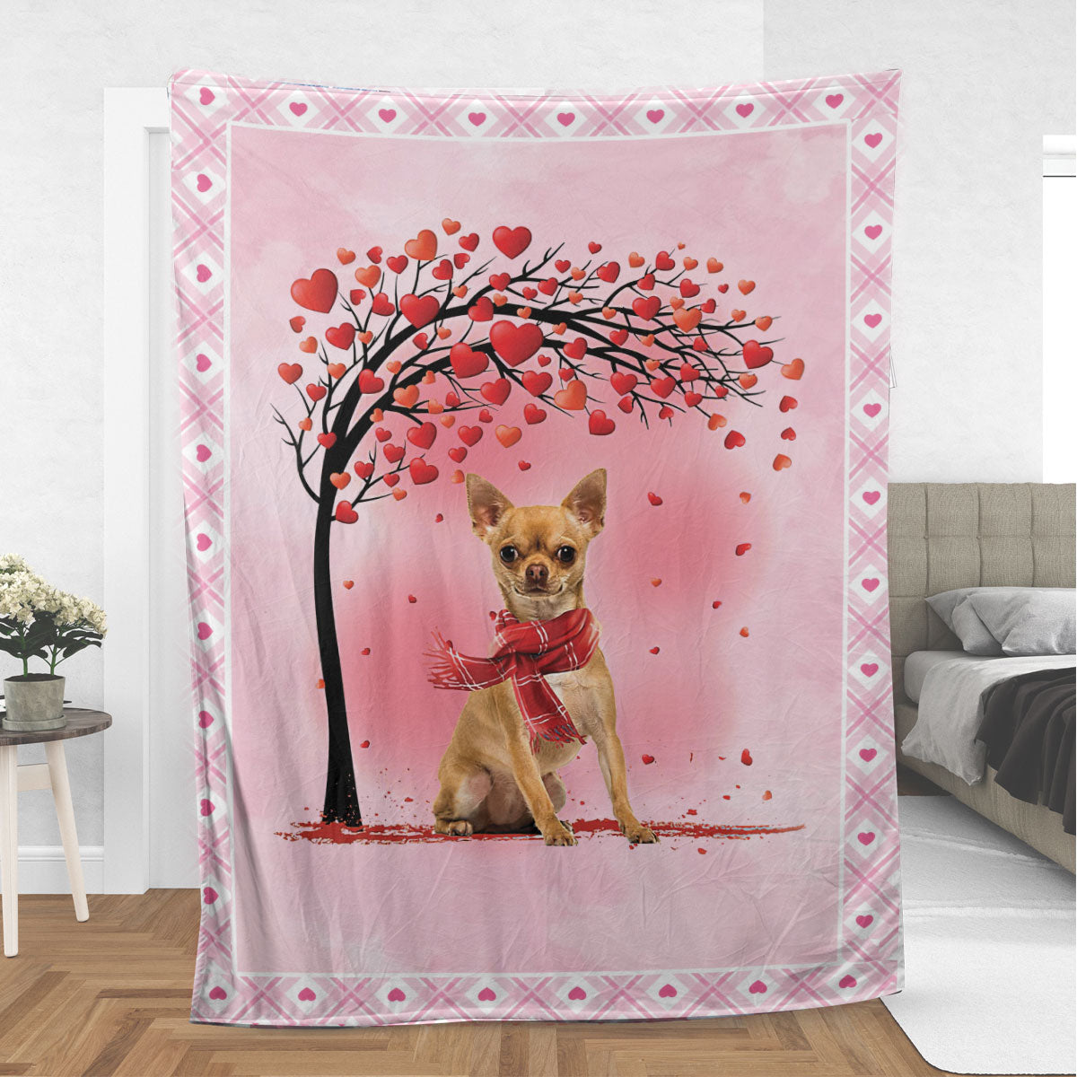 Ohaprints-Fleece-Sherpa-Blanket-Tan-Chihuahua-Dog-With-Heart-Tree-Pattern-Soft-Throw-Blanket-599-Sherpa Blanket