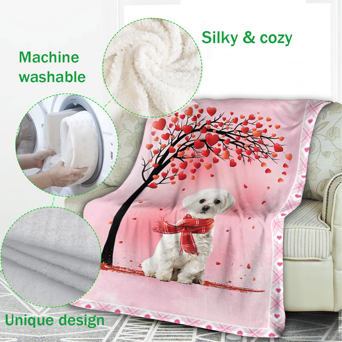 Ohaprints-Fleece-Sherpa-Blanket-Maltese-Dog-With-Heart-Tree-Pattern-Soft-Throw-Blanket-927-Fleece Blanket