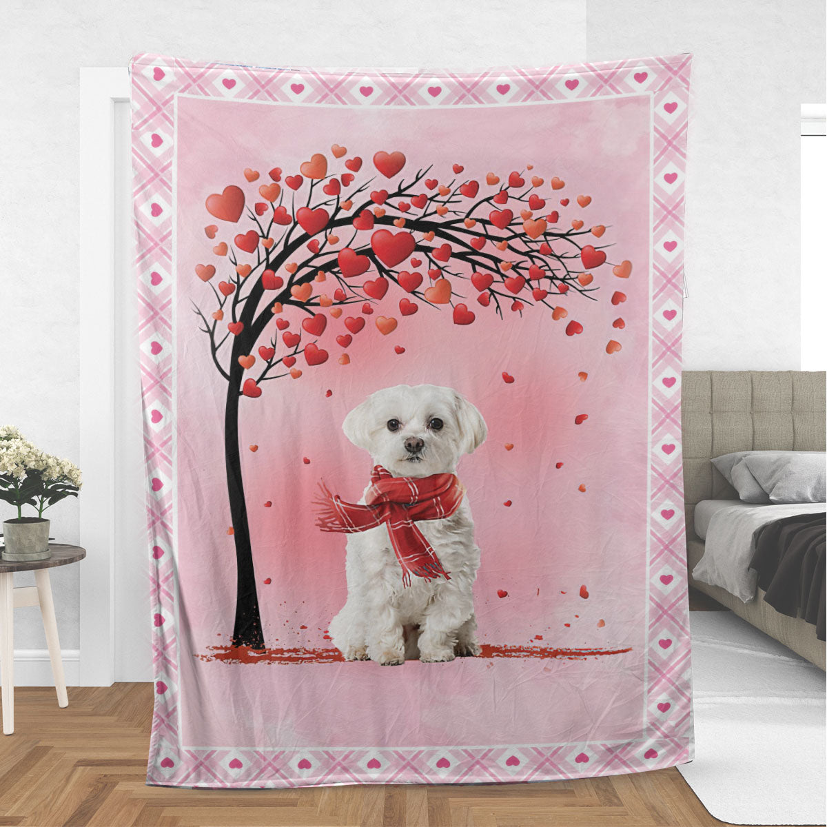 Ohaprints-Fleece-Sherpa-Blanket-Maltese-Dog-With-Heart-Tree-Pattern-Soft-Throw-Blanket-927-Sherpa Blanket