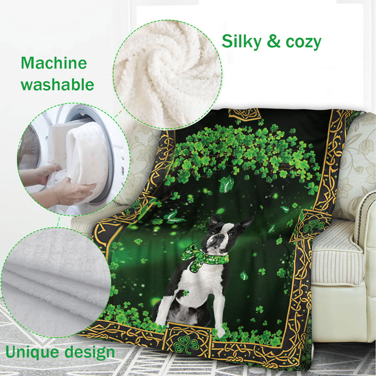 Ohaprints-Fleece-Sherpa-Blanket-Boston-Terrier-Dog-Green-Tree-Soft-Throw-Blanket-892-Fleece Blanket