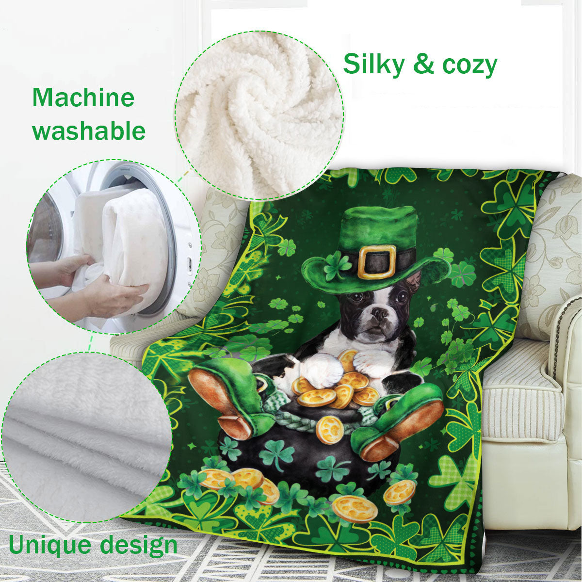 Ohaprints-Fleece-Sherpa-Blanket-Boston-Terrier-Pot-Gold-Soft-Throw-Blanket-869-Fleece Blanket