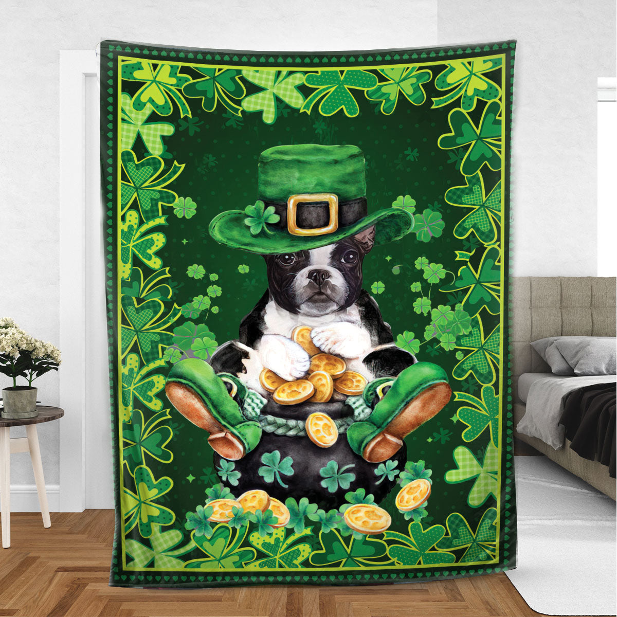 Ohaprints-Fleece-Sherpa-Blanket-Boston-Terrier-Pot-Gold-Soft-Throw-Blanket-869-Sherpa Blanket