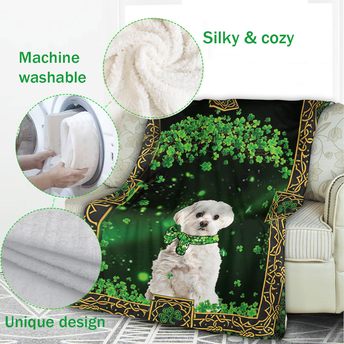 Ohaprints-Fleece-Sherpa-Blanket-Maltese-Dog-Lover-Green-Tree-Soft-Throw-Blanket-492-Fleece Blanket