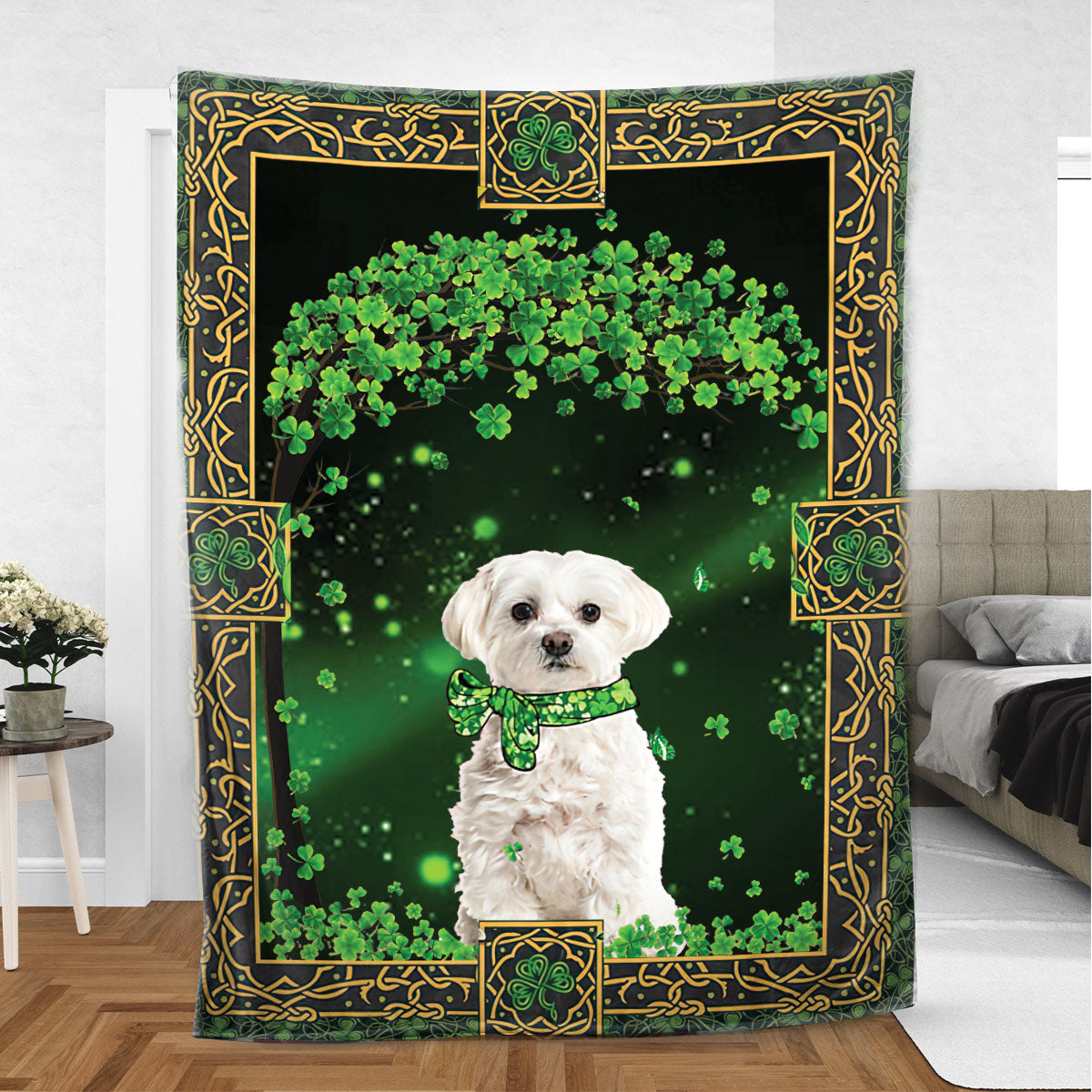 Ohaprints-Fleece-Sherpa-Blanket-Maltese-Dog-Lover-Green-Tree-Soft-Throw-Blanket-492-Sherpa Blanket