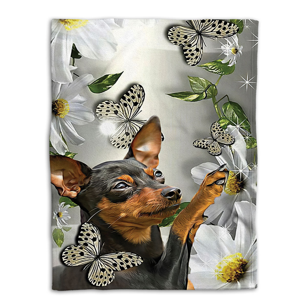 Ohaprints-Fleece-Sherpa-Blanket-Miniature-Pinscher-Dog-Lover-Daisy-Flower-Butterflies-Butterfly-Soft-Throw-Blanket-352-Fleece Blanket