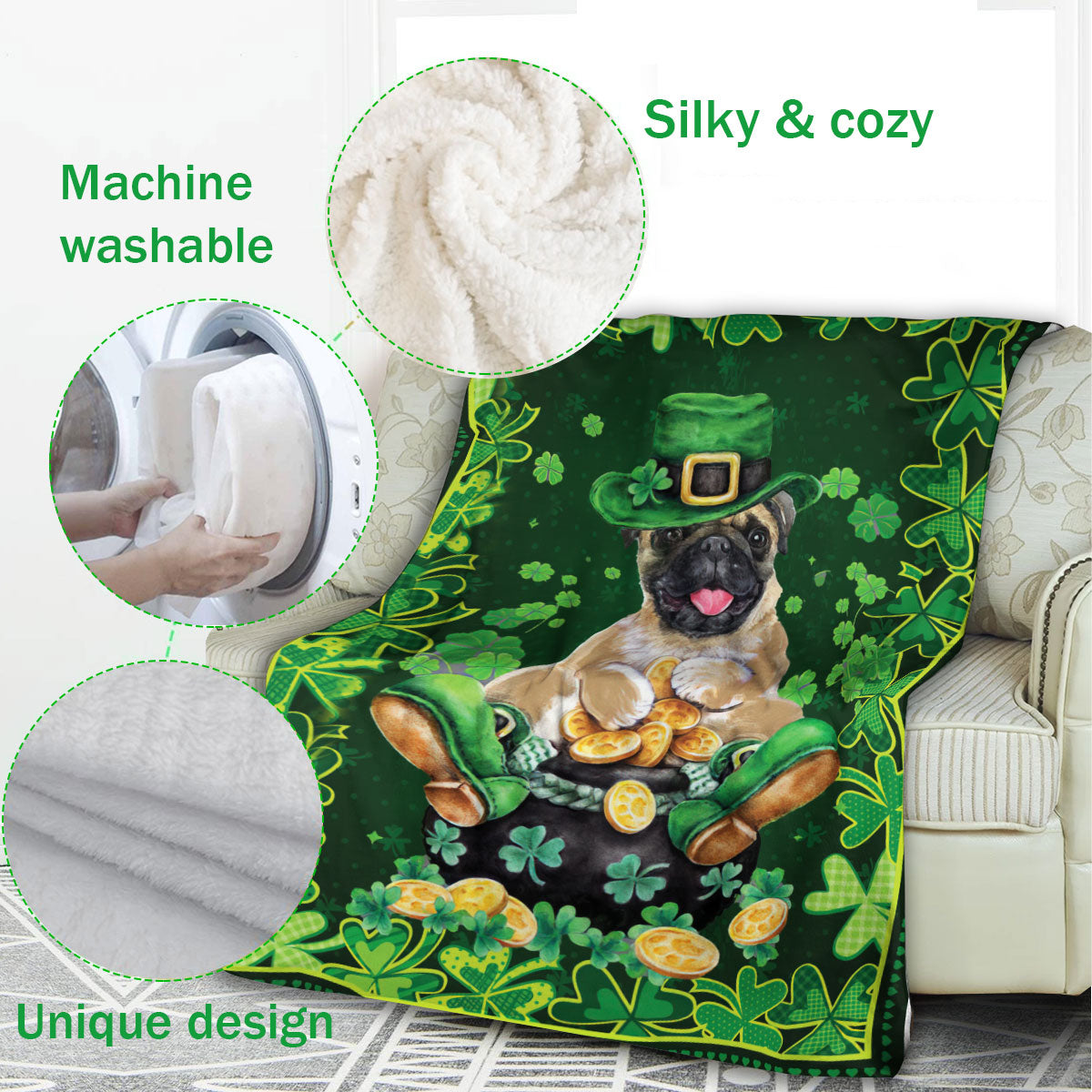 Ohaprints-Fleece-Sherpa-Blanket-Pug-Pot-Gold-Dog-Soft-Throw-Blanket-866-Fleece Blanket