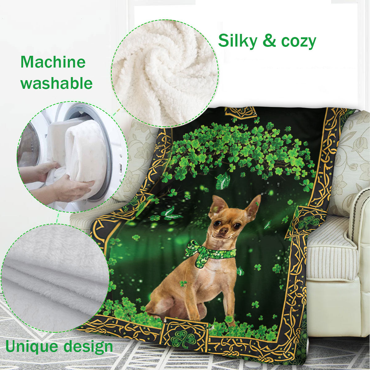 Ohaprints-Fleece-Sherpa-Blanket-Chihuahua-Dog-Green-Tree-Soft-Throw-Blanket-463-Fleece Blanket