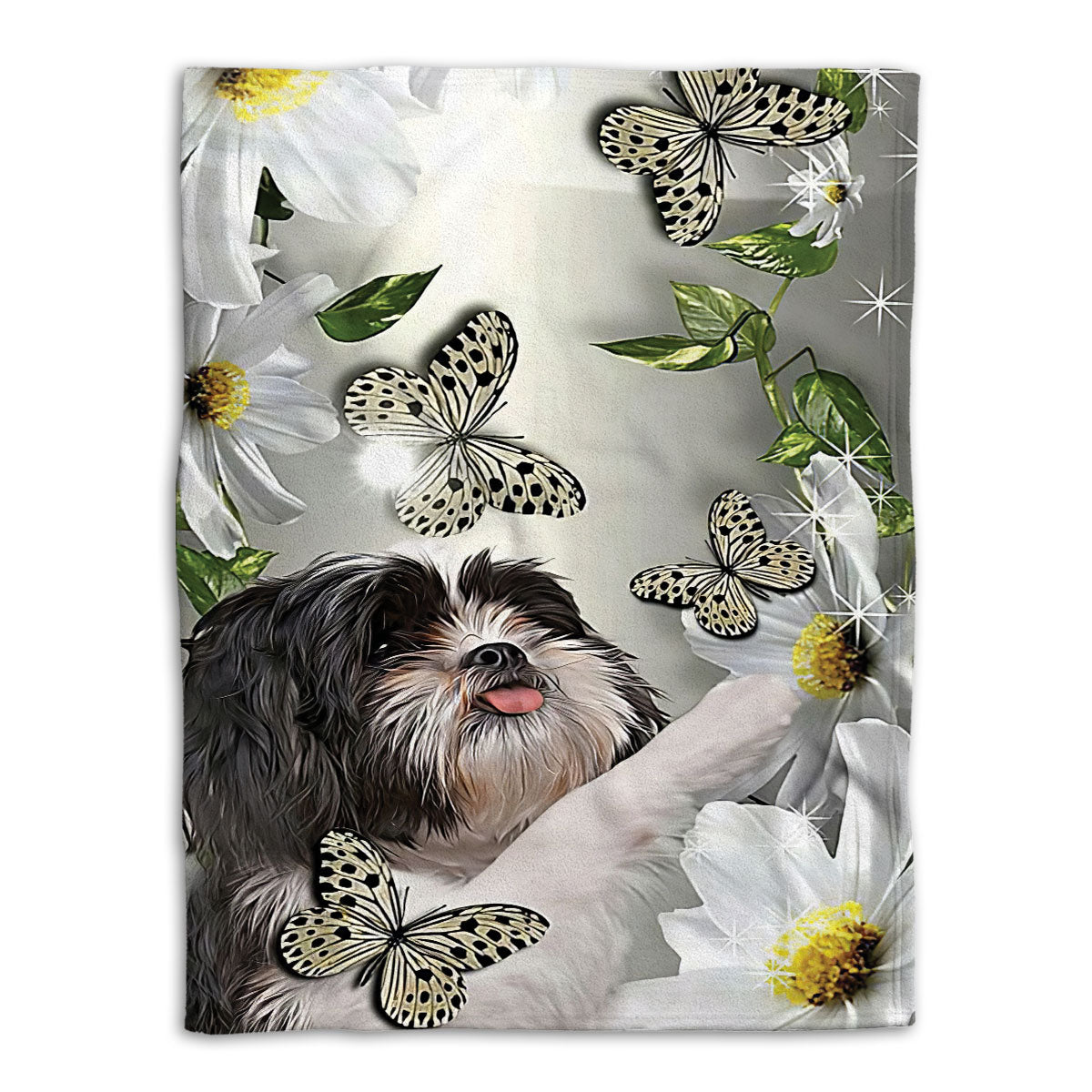 Ohaprints-Fleece-Sherpa-Blanket-Shih-Tzu-Shitzu-Dog-Lover-Daisy-Flower-Butterflies-Butterfly-Soft-Throw-Blanket-334-Fleece Blanket