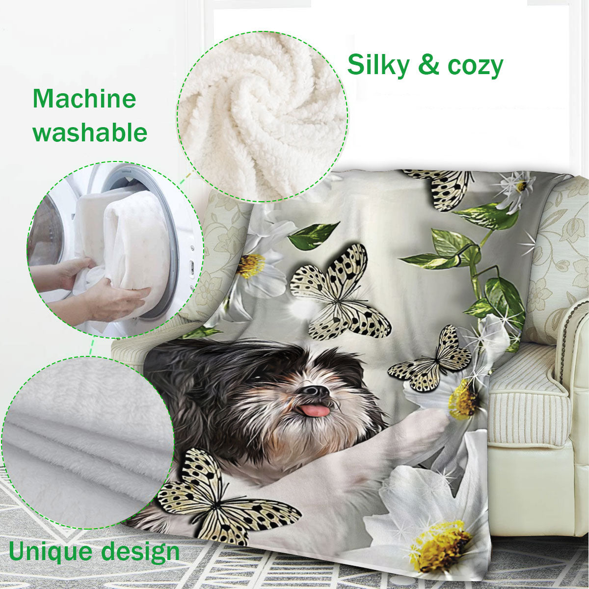 Ohaprints-Fleece-Sherpa-Blanket-Shih-Tzu-Shitzu-Dog-Lover-Daisy-Flower-Butterflies-Butterfly-Soft-Throw-Blanket-334-Fleece Blanket