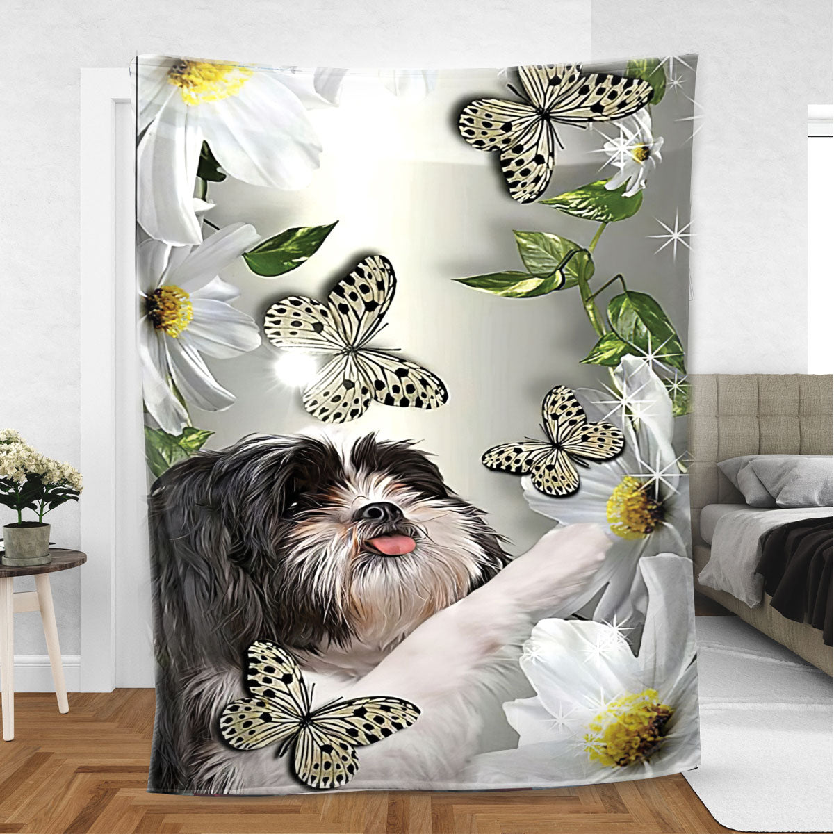 Ohaprints-Fleece-Sherpa-Blanket-Shih-Tzu-Shitzu-Dog-Lover-Daisy-Flower-Butterflies-Butterfly-Soft-Throw-Blanket-334-Sherpa Blanket