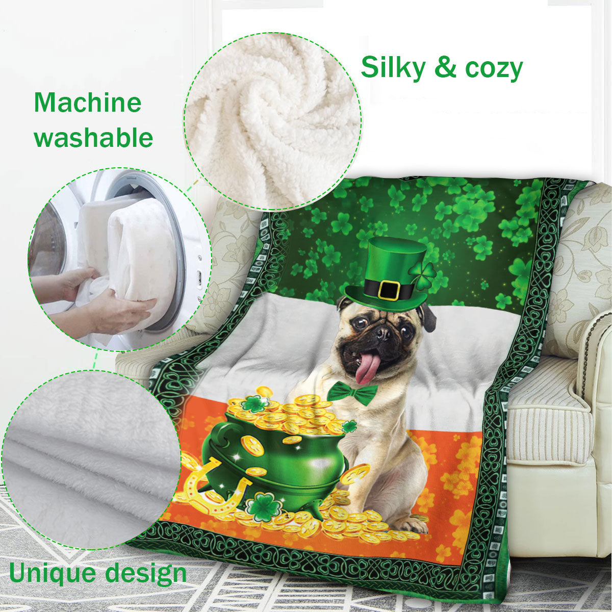 Ohaprints-Fleece-Sherpa-Blanket-Pug-Dog-Lover-Pot-Gold-Lucky-Soft-Throw-Blanket-839-Fleece Blanket