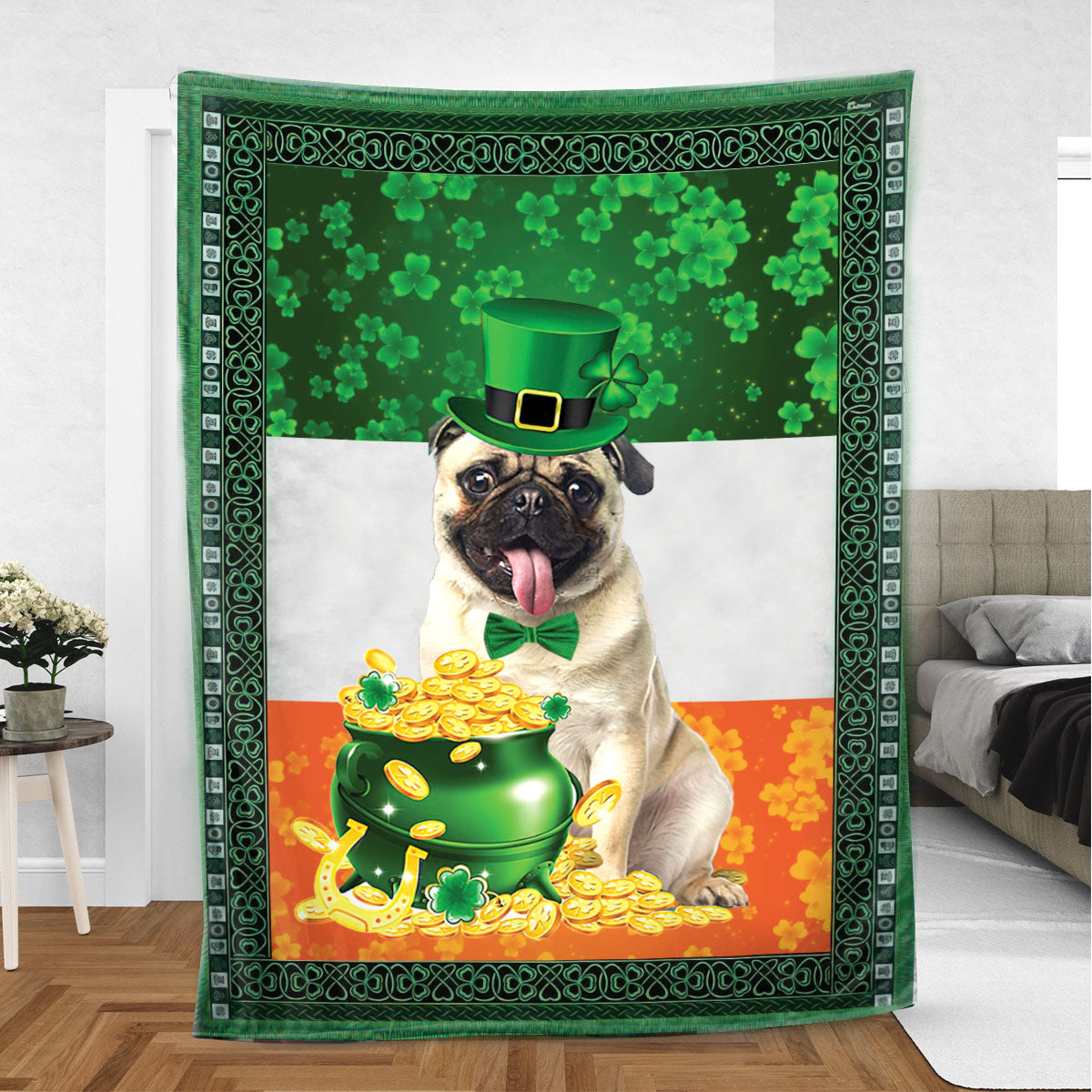 Ohaprints-Fleece-Sherpa-Blanket-Pug-Dog-Lover-Pot-Gold-Lucky-Soft-Throw-Blanket-839-Sherpa Blanket