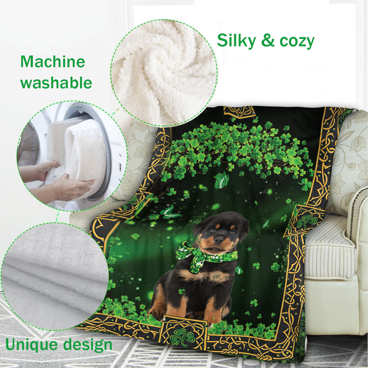 Ohaprints-Fleece-Sherpa-Blanket-Rottweiler-Dog-Green-Tree-Soft-Throw-Blanket-889-Fleece Blanket