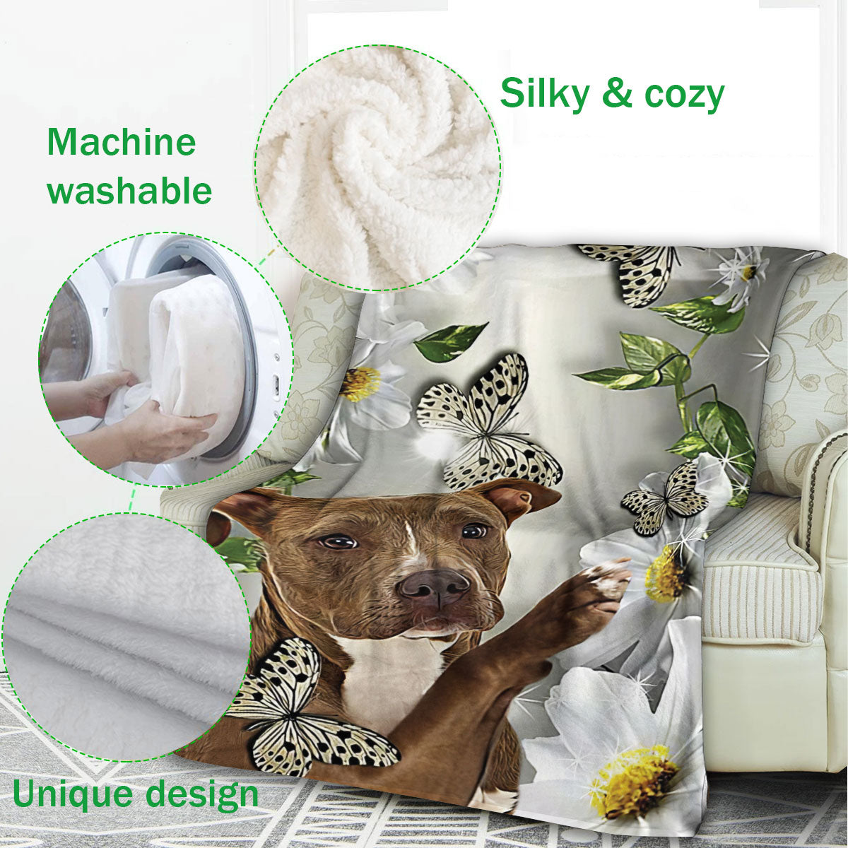 Ohaprints-Fleece-Sherpa-Blanket-Staffordshire-Bull-Terrier-Pitbull-Terrier-Dog-Lover-Daisy-Flower-Butterfly-Soft-Throw-Blanket-457-Fleece Blanket