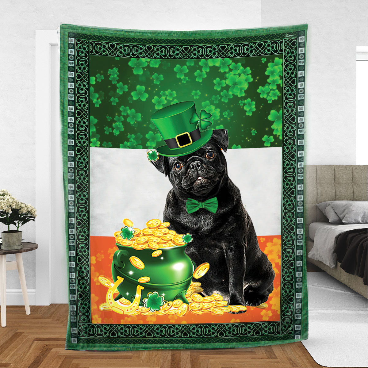 Ohaprints-Fleece-Sherpa-Blanket-Black-Pug-Dog-Lover-Pot-Gold-Soft-Throw-Blanket-604-Sherpa Blanket