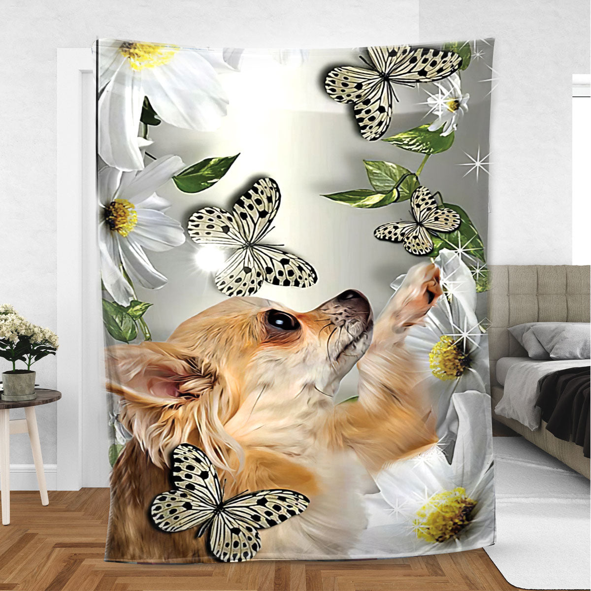 Ohaprints-Fleece-Sherpa-Blanket-Chihuahua-Dog-Lover-Daisy-Flower-Butterflies-Butterfly-Soft-Throw-Blanket-484-Sherpa Blanket