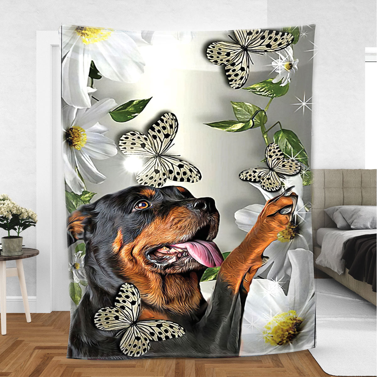 Ohaprints-Fleece-Sherpa-Blanket-Rottweiler-Dog-Lover-Daisy-Flower-Butterflies-Butterfly-Soft-Throw-Blanket-564-Sherpa Blanket