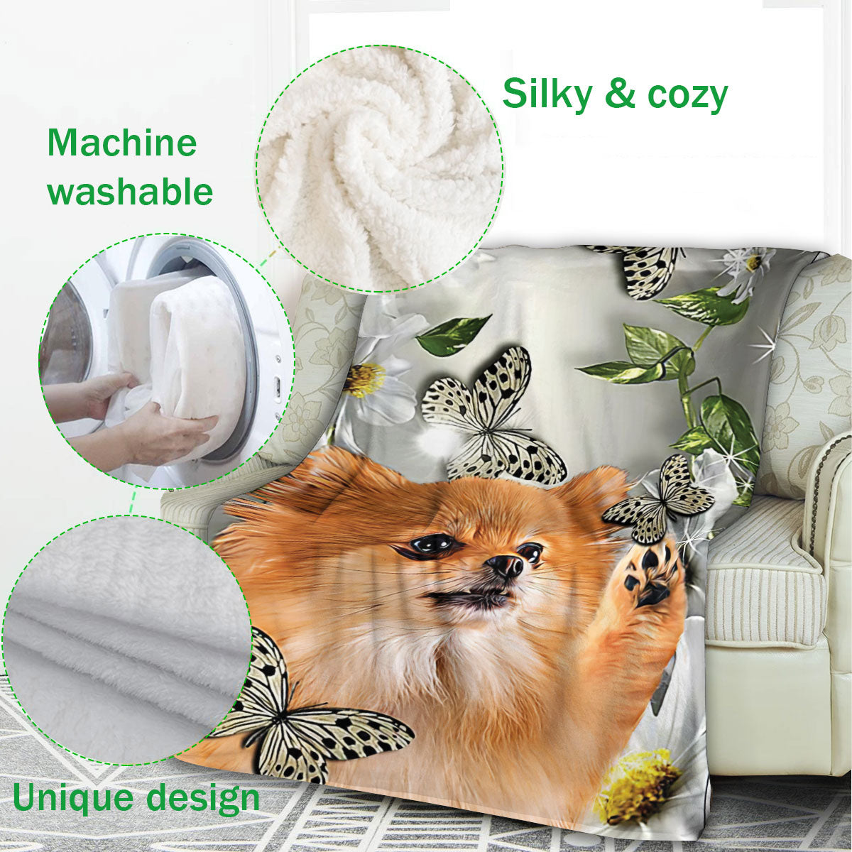 Ohaprints-Fleece-Sherpa-Blanket-Pomeranian-Dog-Lover-Daisy-Flower-Butterflies-Butterfly-Soft-Throw-Blanket-1161-Fleece Blanket