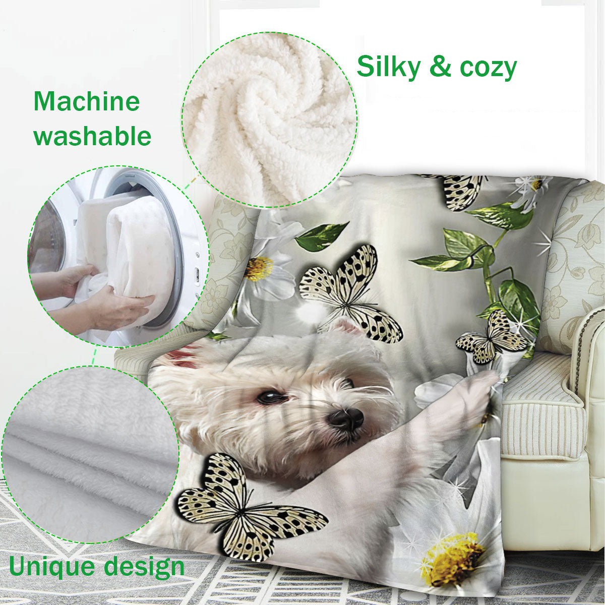 Ohaprints-Fleece-Sherpa-Blanket-West-Highland-White-Terrier-Westie-Dog-Lover-Daisy-Flower-Butterfly-Soft-Throw-Blanket-1158-Fleece Blanket