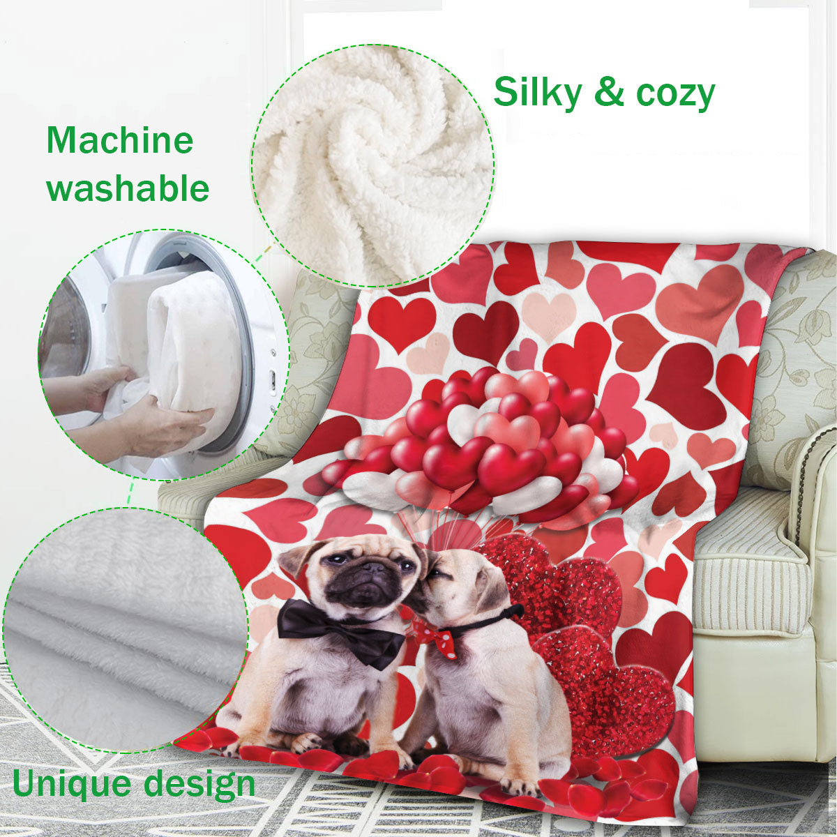 Ohaprints-Fleece-Sherpa-Blanket-Pug-Dog-Lover-Love-Heart-Soft-Throw-Blanket-450-Fleece Blanket