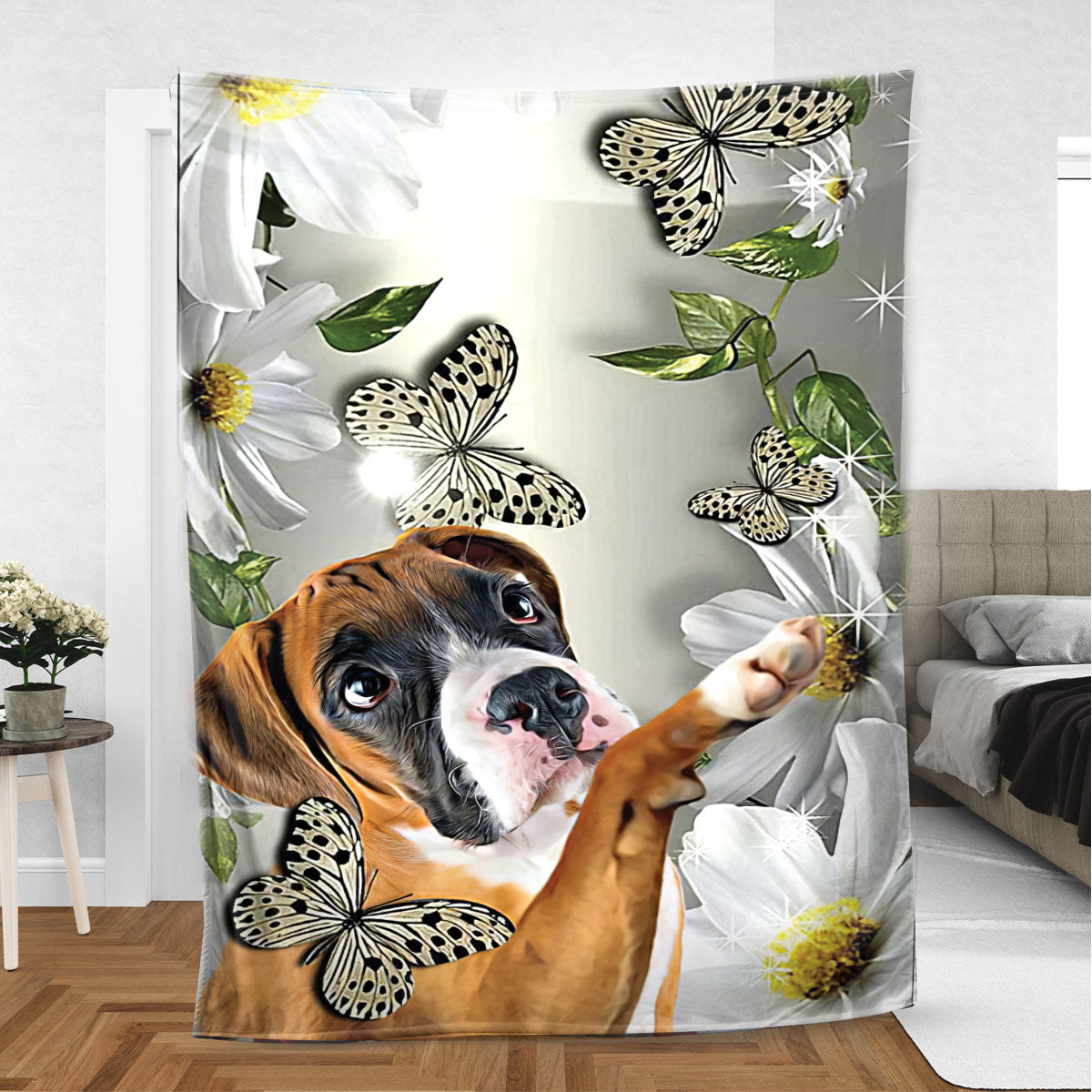 Ohaprints-Fleece-Sherpa-Blanket-Boxer-Dog-Lover-Daisy-Flower-Butterflies-Butterfly-Soft-Throw-Blanket-395-Sherpa Blanket