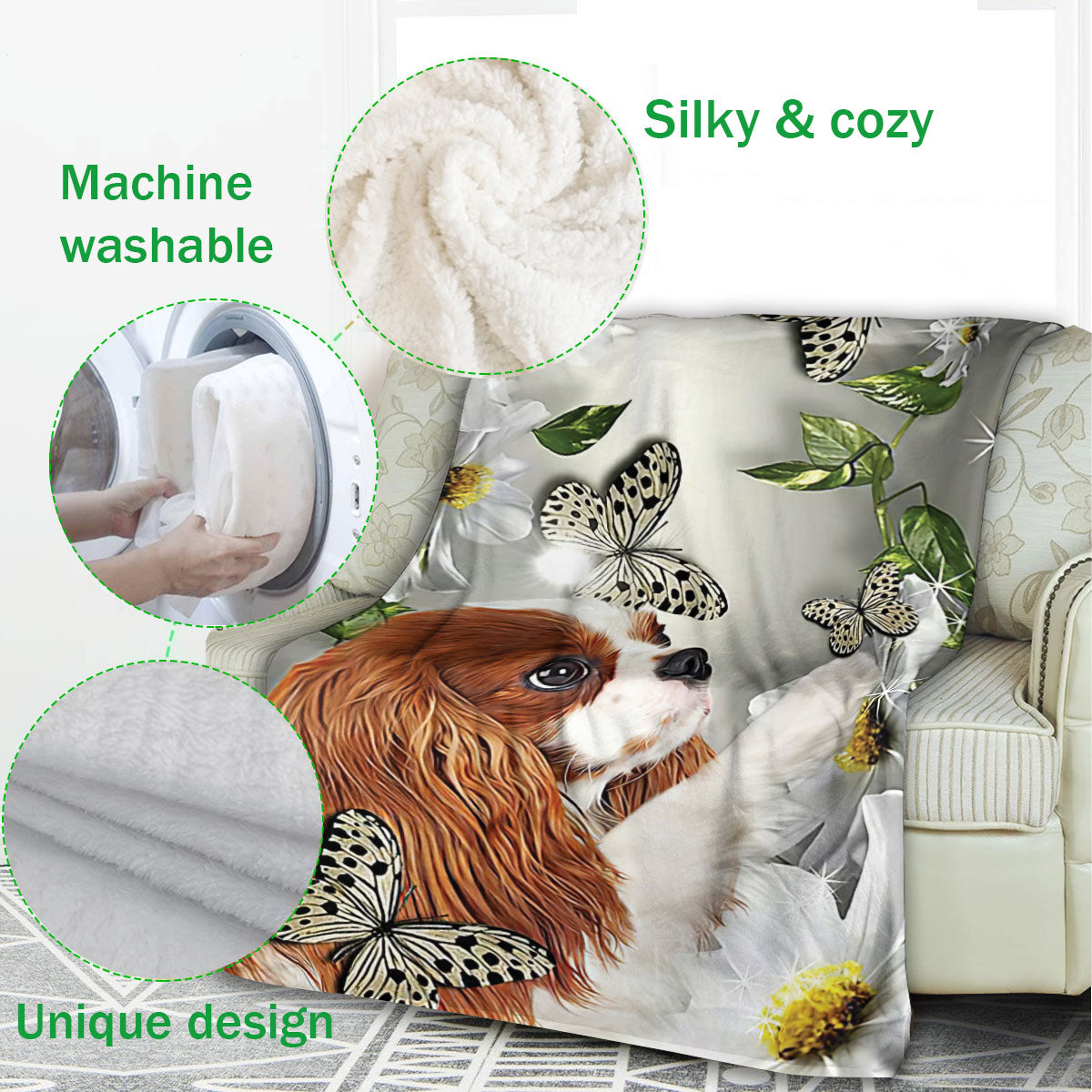 Ohaprints-Fleece-Sherpa-Blanket-Cavalier-King-Charles-Spaniel-Dog-Lover-Daisy-Flower-Butterflies-Butterfly-Soft-Throw-Blanket-410-Fleece Blanket