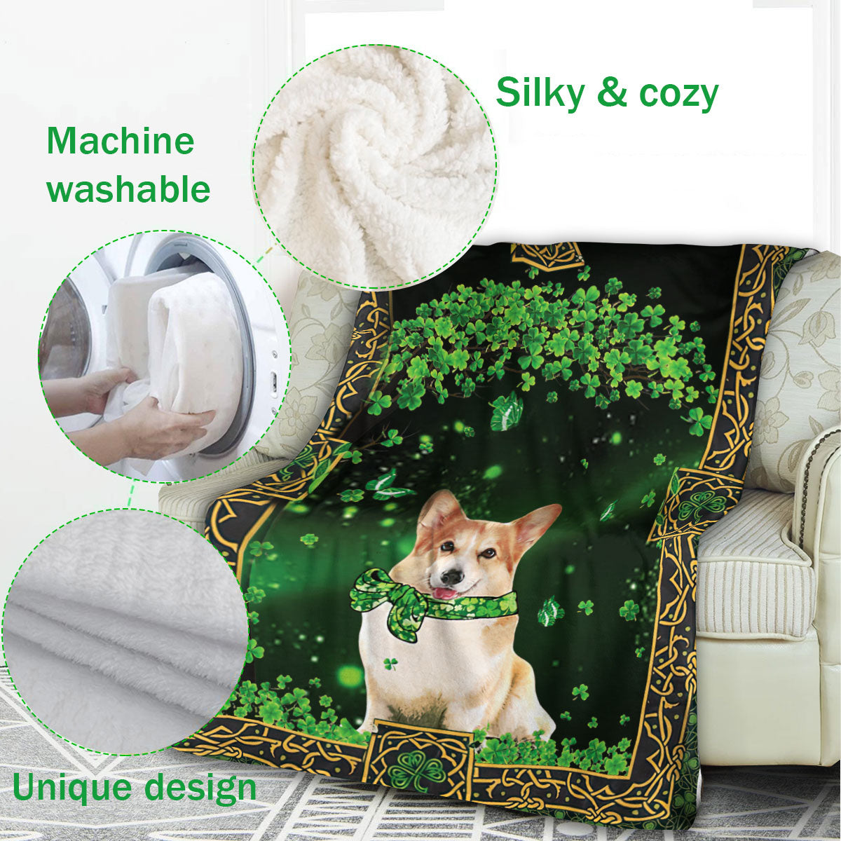 Ohaprints-Fleece-Sherpa-Blanket-Corgi-Dog-Lover-Green-Tree-Soft-Throw-Blanket-536-Fleece Blanket