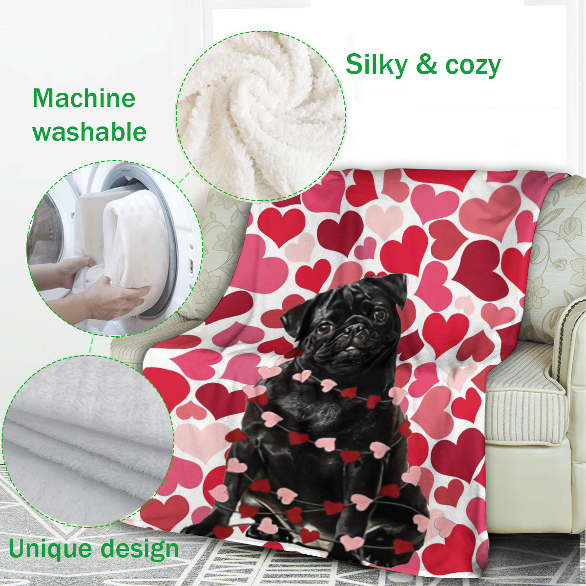 Ohaprints-Fleece-Sherpa-Blanket-Black-Pug-Dog-Lover-Love-Heart-5-Soft-Throw-Blanket-572-Fleece Blanket