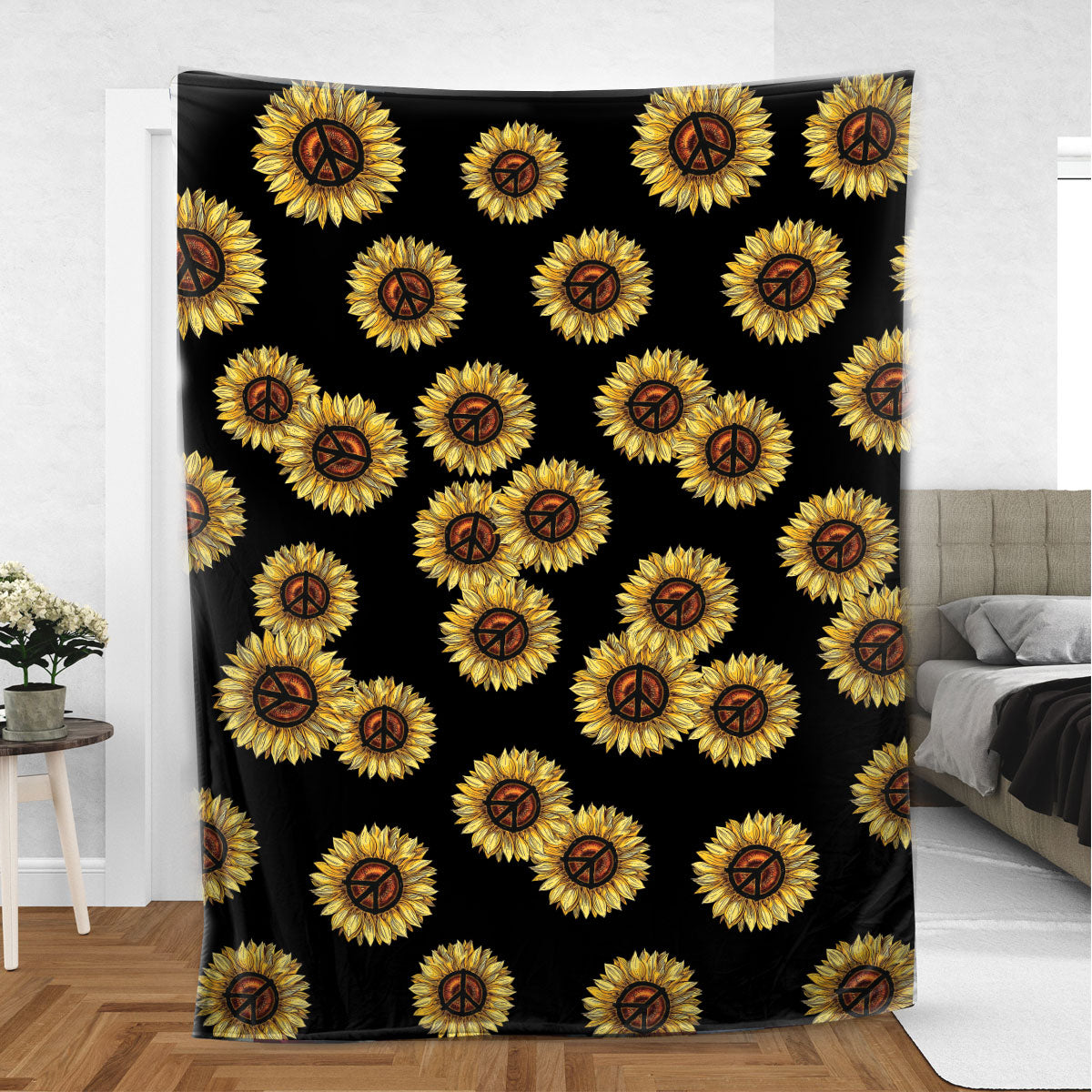 Ohaprints-Fleece-Sherpa-Blanket-Sunflower-Hippie-Peace-Sign-Lover-Gift-Soft-Throw-Blanket-877-Sherpa Blanket