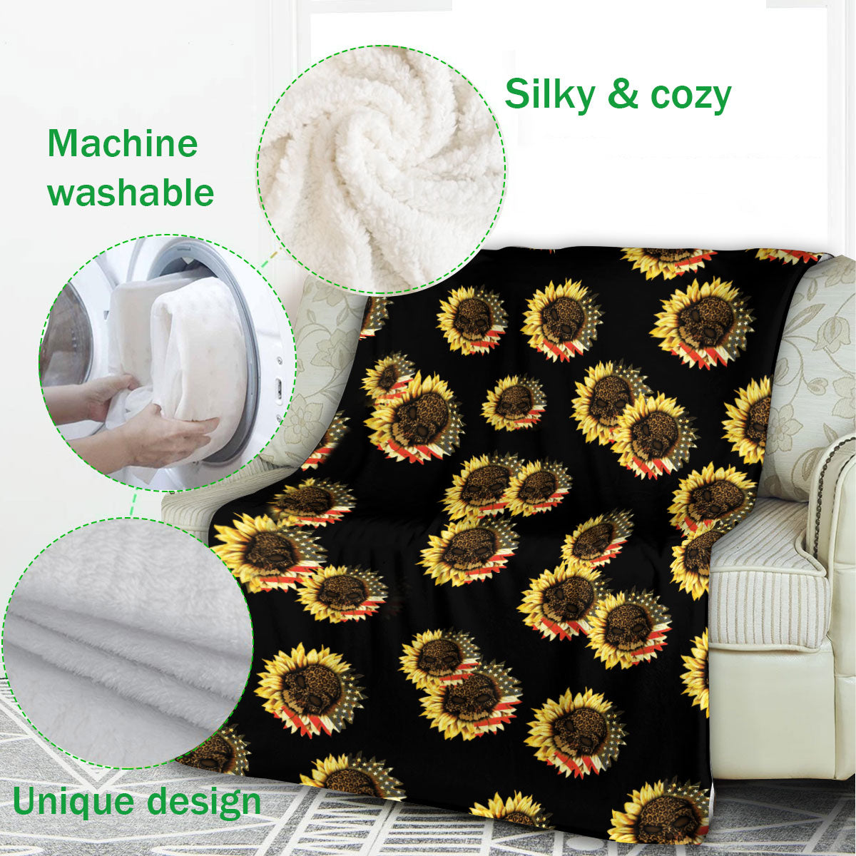 Ohaprints-Fleece-Sherpa-Blanket-Gothic-Skull-Sunflower-Leopard-Soft-Throw-Blanket-876-Fleece Blanket