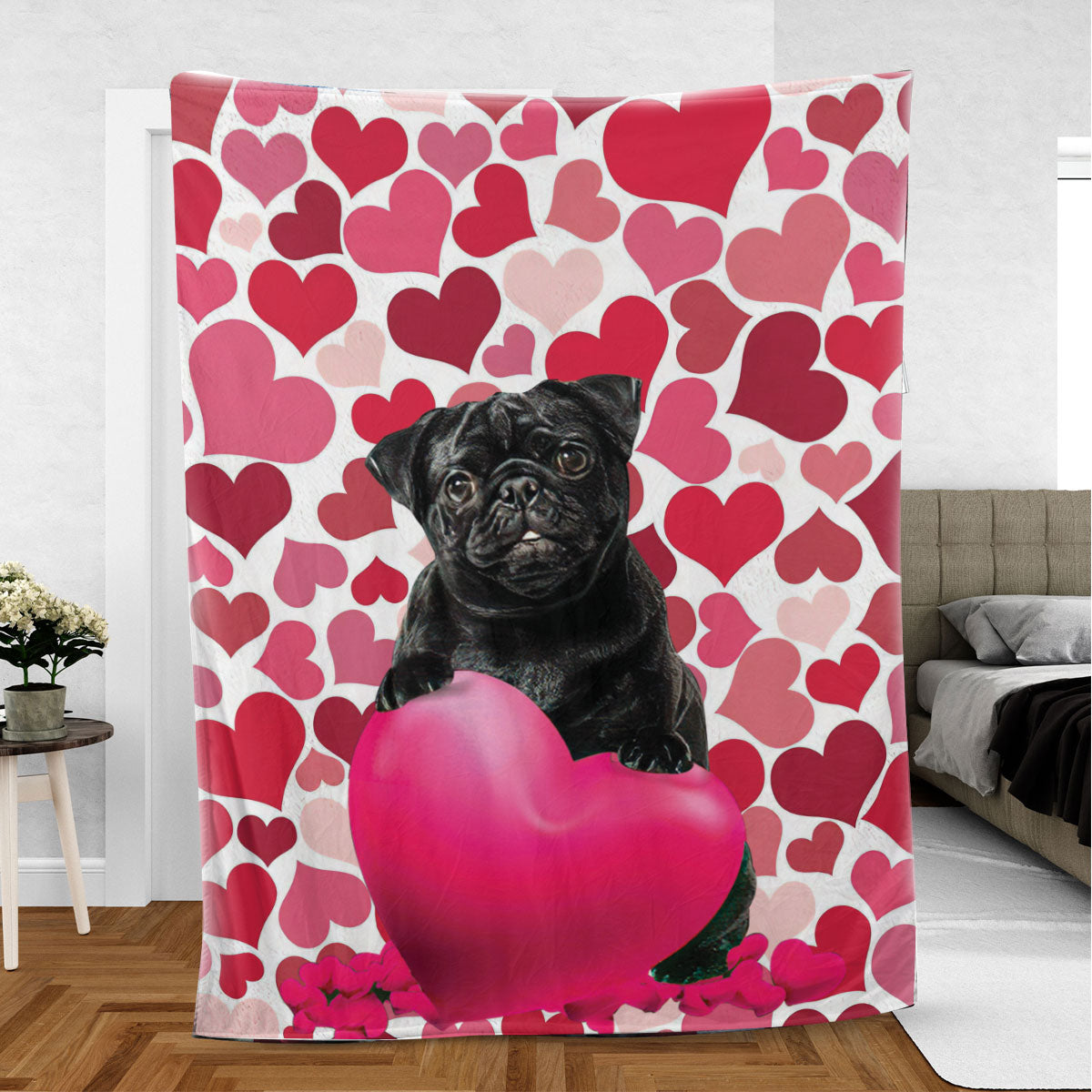 Ohaprints-Fleece-Sherpa-Blanket-Black-Pug-Dog-Lover-Love-Heart-4-Soft-Throw-Blanket-786-Sherpa Blanket