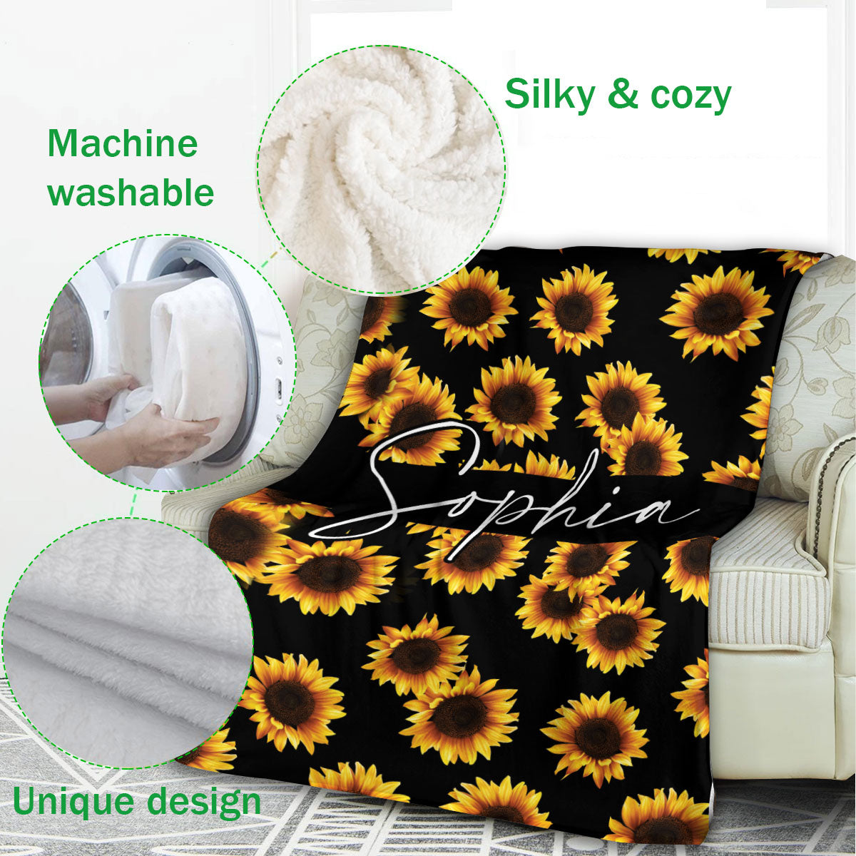 Ohaprints-Fleece-Sherpa-Blanket-Sunflower-Lover-Gift-Custom-Personalized-Name-Soft-Throw-Blanket-872-Fleece Blanket