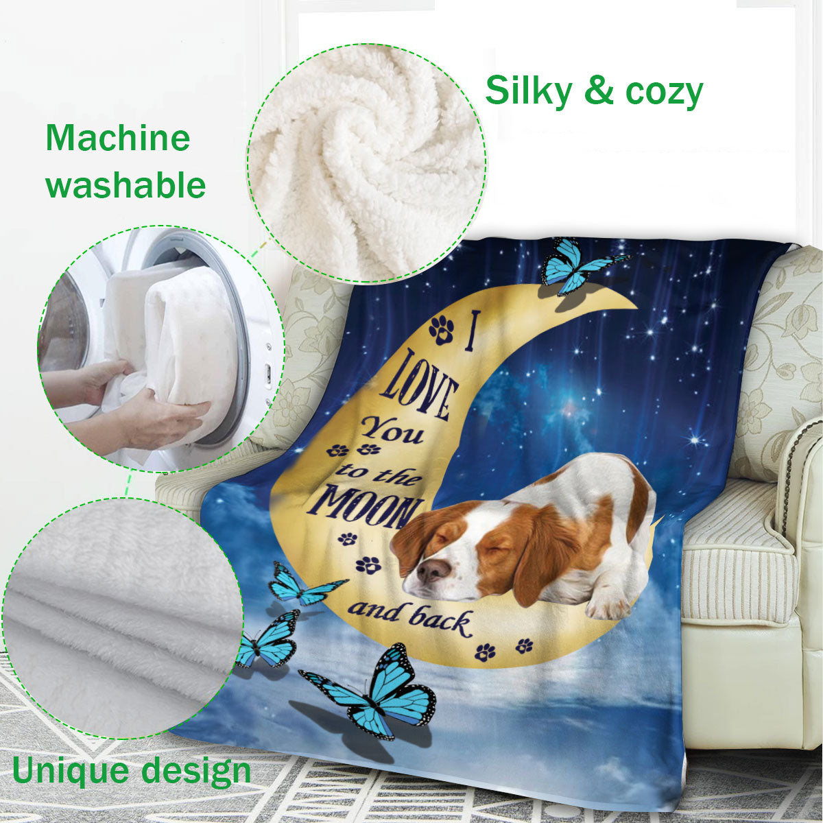 Ohaprints-Fleece-Sherpa-Blanket-Brittany-Spaniel-Dog-Lover-Love-Moon-Night-Soft-Throw-Blanket-823-Fleece Blanket