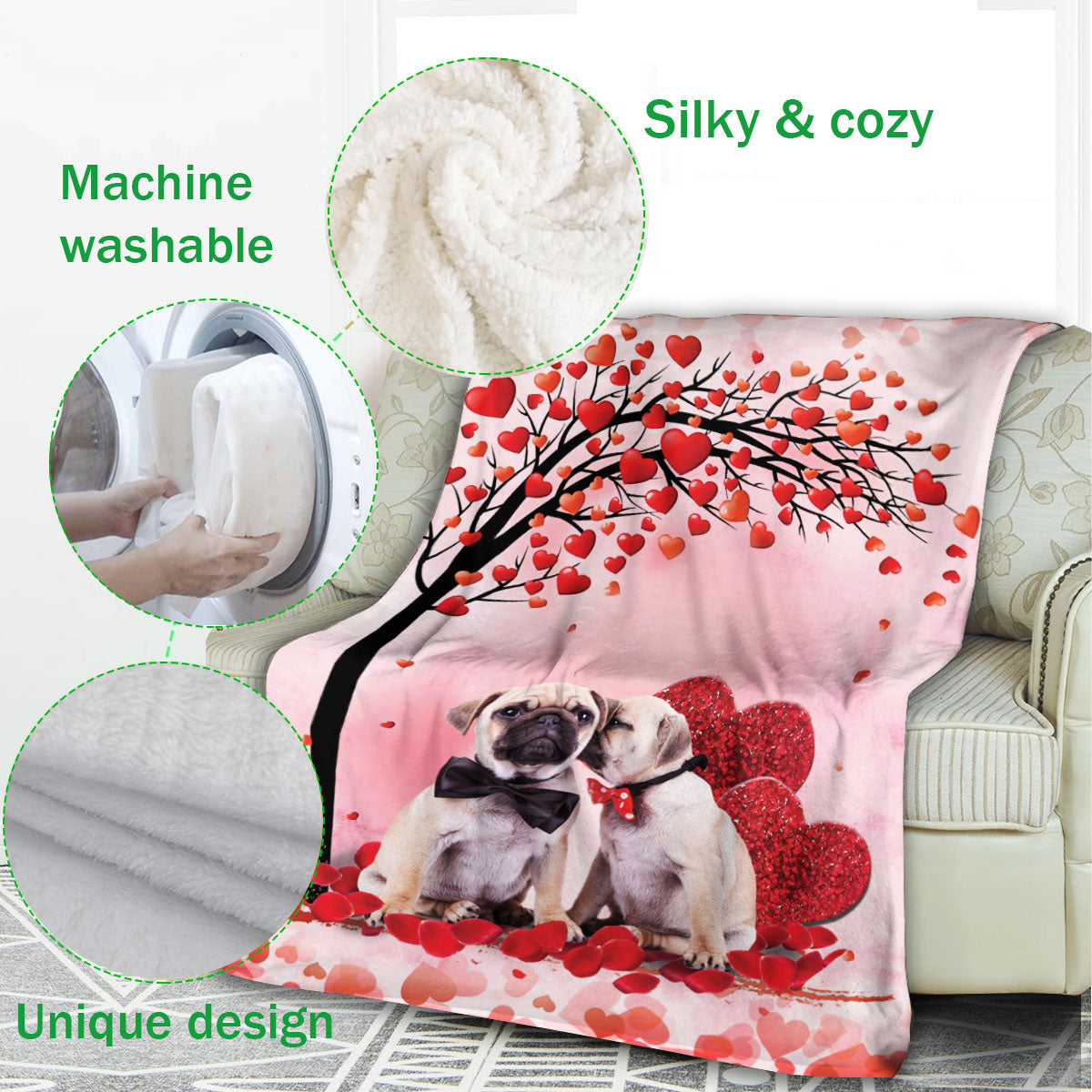 Ohaprints Fleece Sherpa Blanket Pug Dog Lover Love Heart