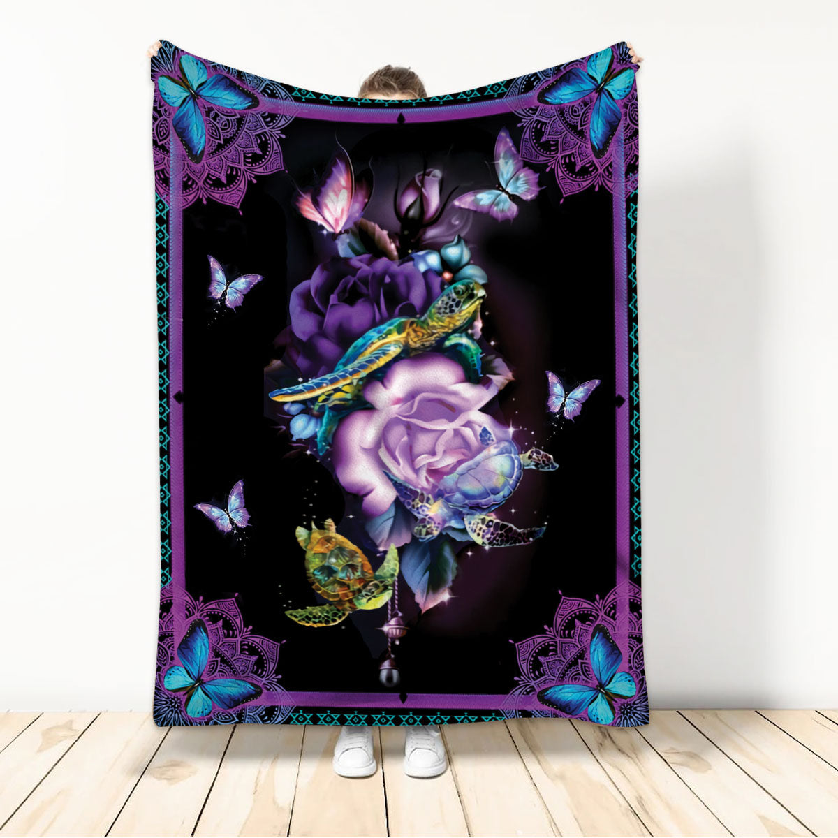 Ohaprints-Fleece-Sherpa-Blanket-Purple-Rose-Sea-Turtle-Butterfly-Mandala-Soft-Throw-Blanket-401-Sherpa Blanket