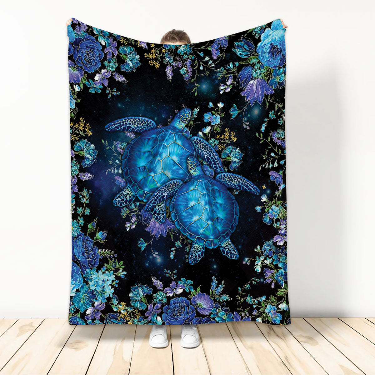 Ohaprints-Fleece-Sherpa-Blanket-Blue-Sea-Turtle-Flower-Night-Soft-Throw-Blanket-425-Sherpa Blanket