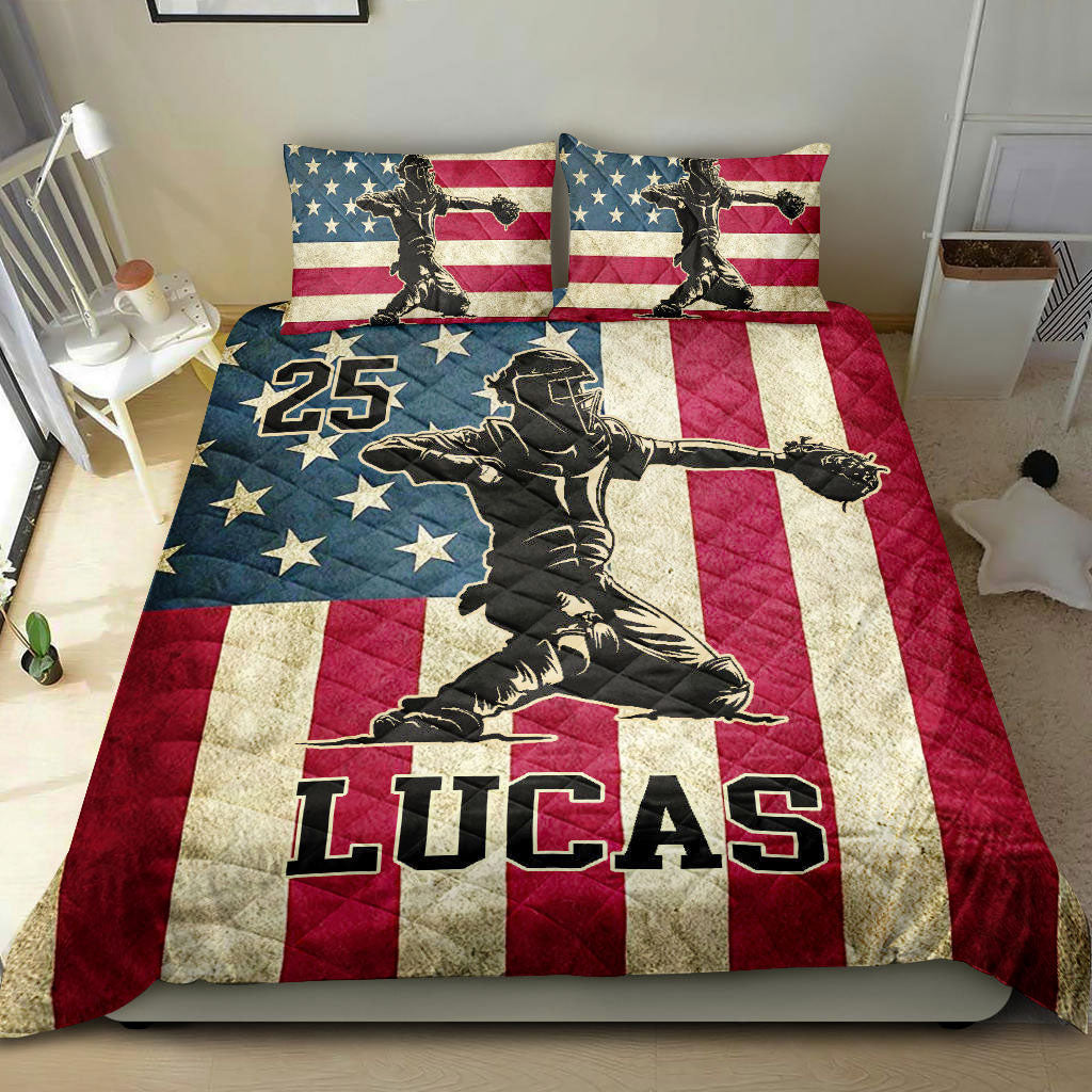 Ohaprints-Quilt-Bed-Set-Pillowcase-Baseball-Catcher-America-Us-Flag-Player-Fan-Custom-Personalized-Name-Number-Blanket-Bedspread-Bedding-1598-King (90'' x 100'')