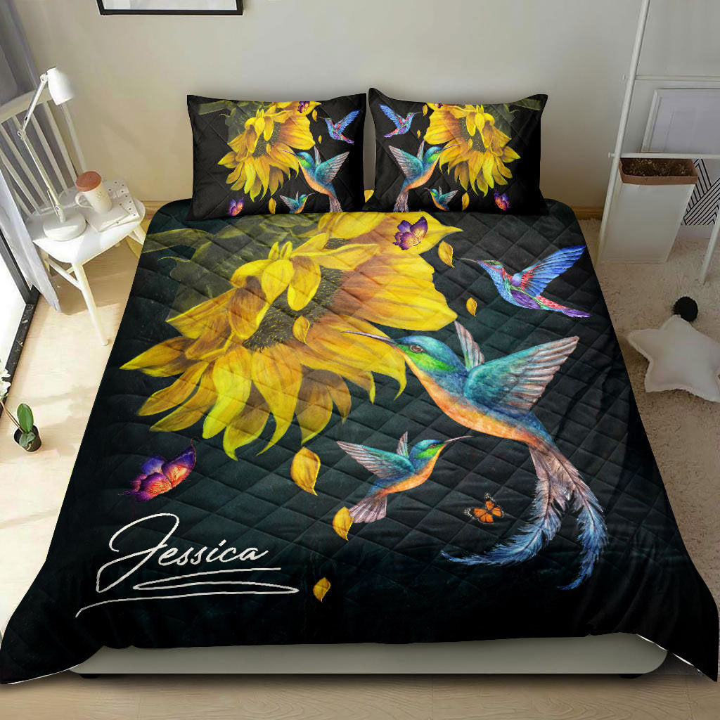 Ohaprints-Quilt-Bed-Set-Pillowcase-Hummingbird-Sunflower-For-All-Season-Gift-Idea-Black-Custom-Personalized-Name-Blanket-Bedspread-Bedding-1617-King (90'' x 100'')