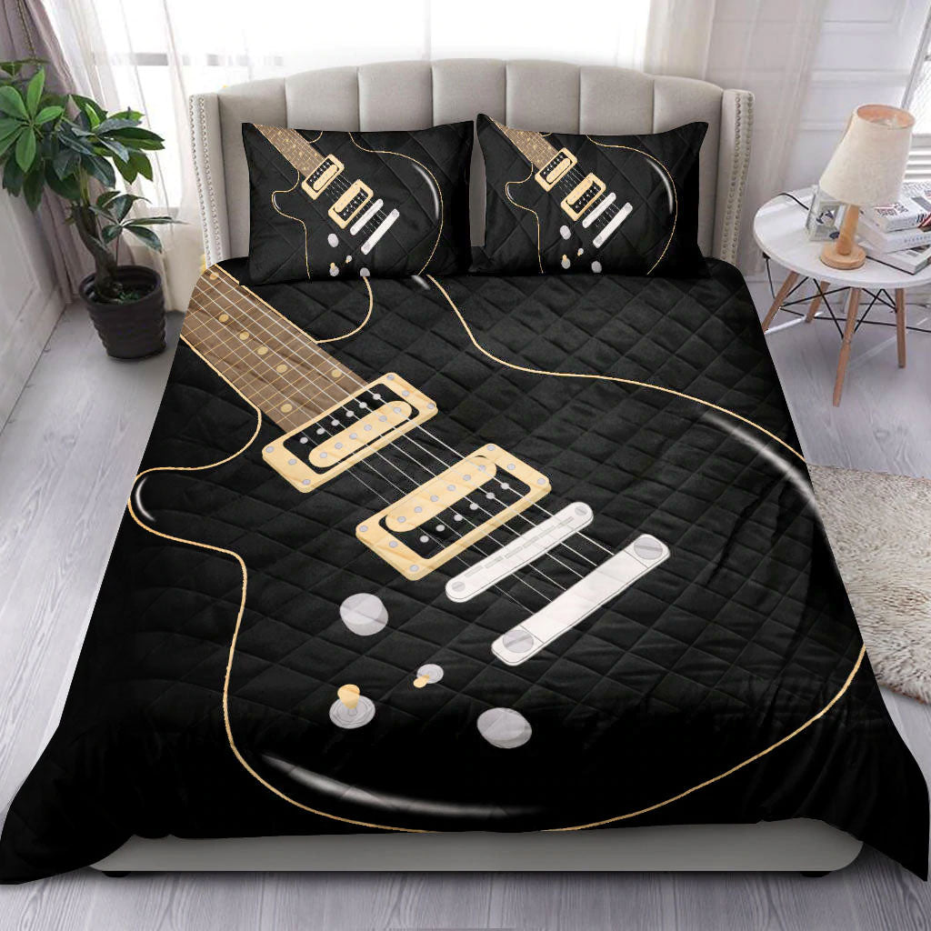 Ohaprints-Quilt-Bed-Set-Pillowcase-Electric-Bass-Guitar-Music-Theme-Guitarist-Gift-Idea-Black-Blanket-Bedspread-Bedding-1037-King (90'' x 100'')