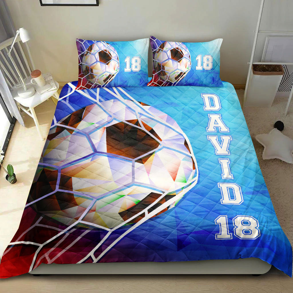 Ohaprints-Quilt-Bed-Set-Pillowcase-Soccer-Blue-Geometric-Pattern-Player-Fan-Gift-Custom-Personalized-Name-Number-Blanket-Bedspread-Bedding-2218-King (90'' x 100'')