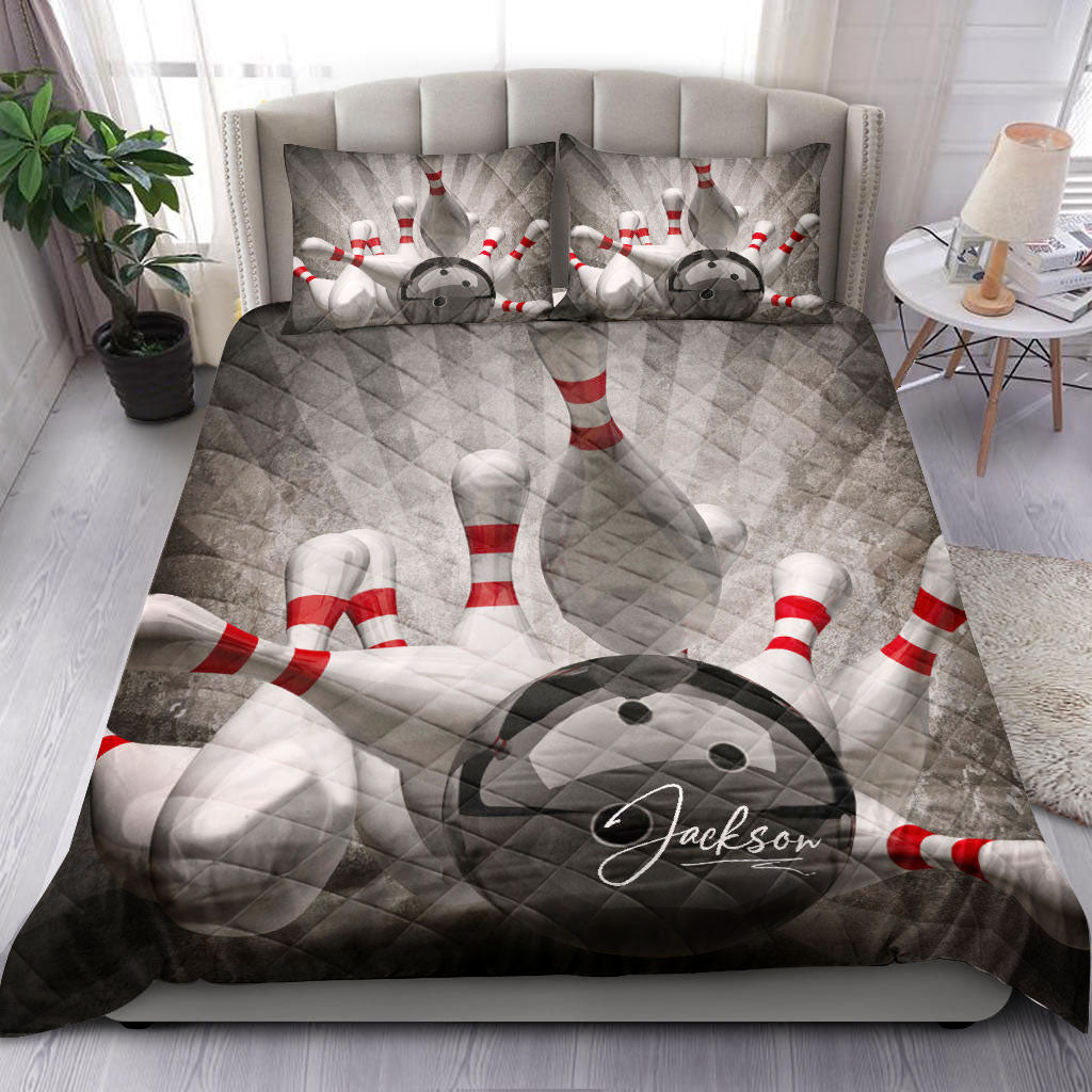 Ohaprints-Quilt-Bed-Set-Pillowcase-Bowling-Strike-Bowler-Player-Fan-Gift-Grey-Custom-Personalized-Name-Number-Blanket-Bedspread-Bedding-2831-King (90'' x 100'')